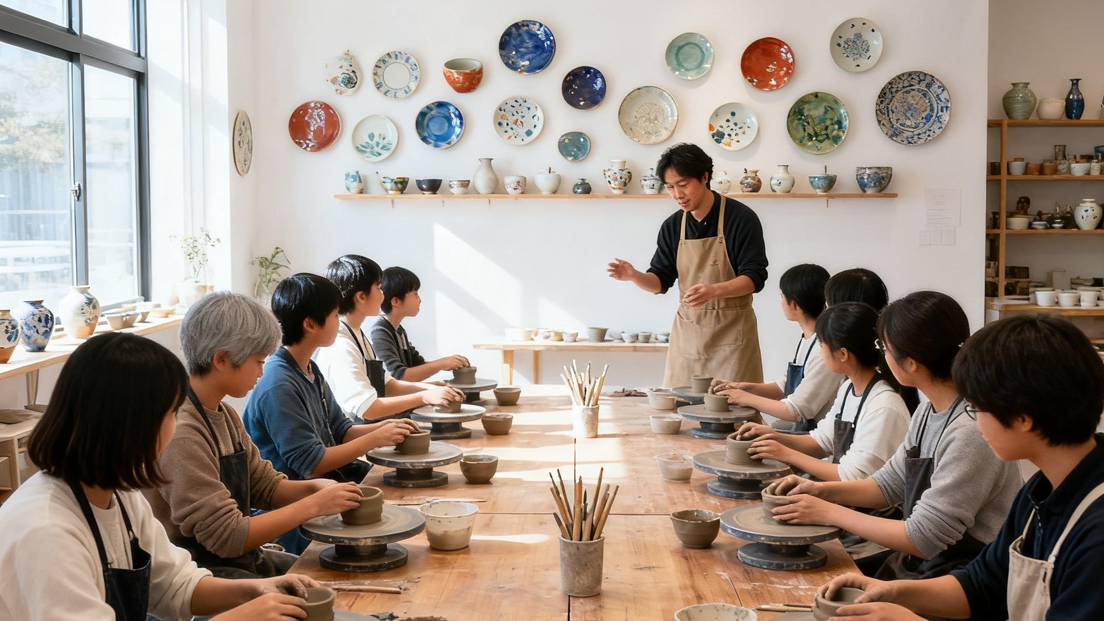 一间采光明亮的现代风格工作室内，约二十位不同年龄的学员坐在长条木桌前，每人面前摆放着陶土和工具，一位穿着围裙的陶艺导师正在示范拉坯手法，墙上挂满了已完成的手工陶瓷作品