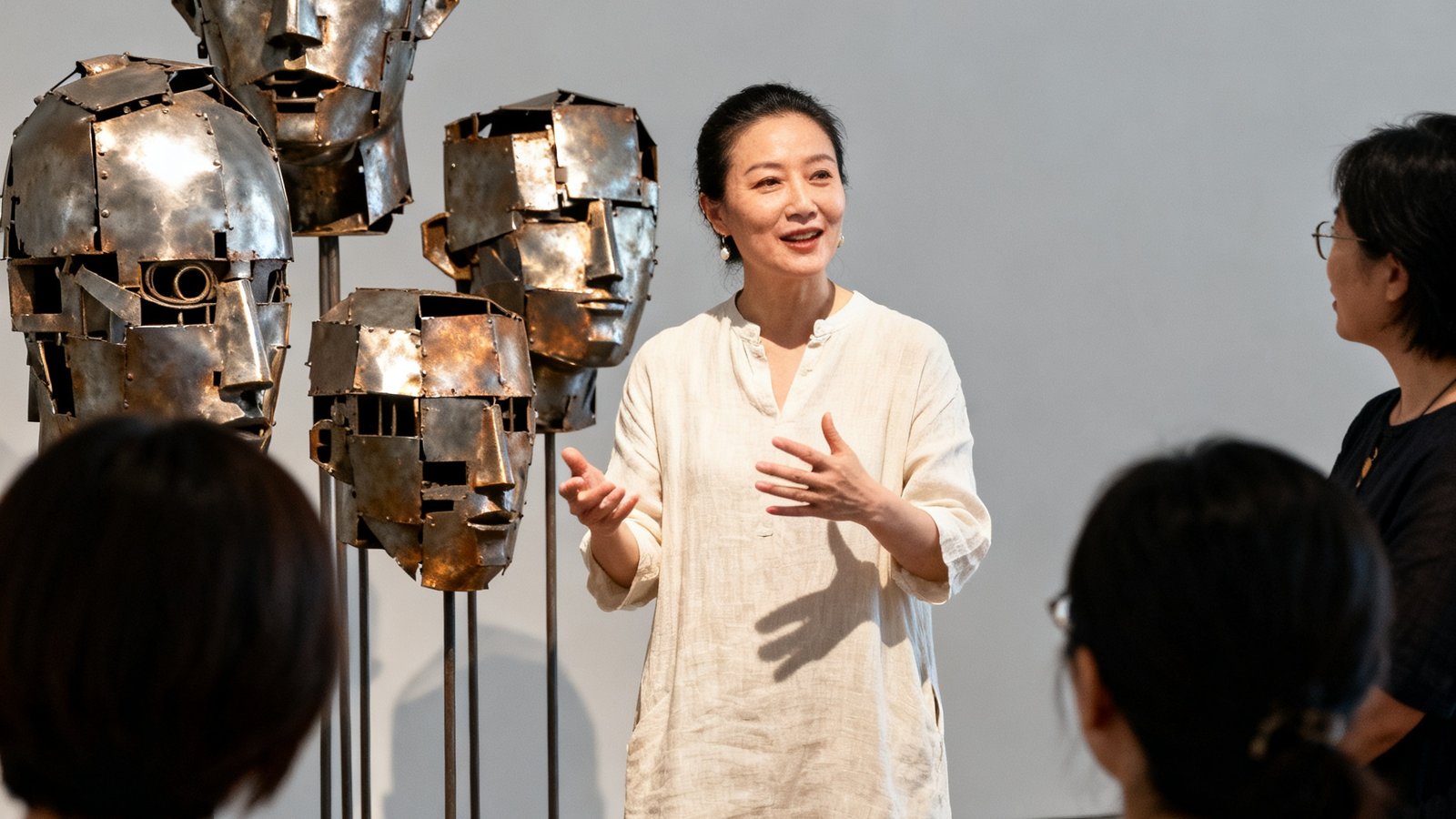 美学沙龙主理人李美琪女士，年约三十六岁，身穿米白色亚麻长裙，站在一组由回收金属制成的当代雕塑作品旁，正向几位沙龙嘉宾生动地讲解作品的创作理念和材料故事